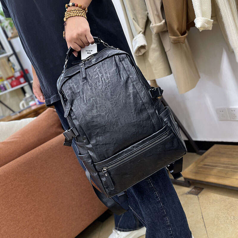 Japanese And Korean Trendy Men's New Soft Leather Large Capacity Fashion Leisure Travel Backpack
