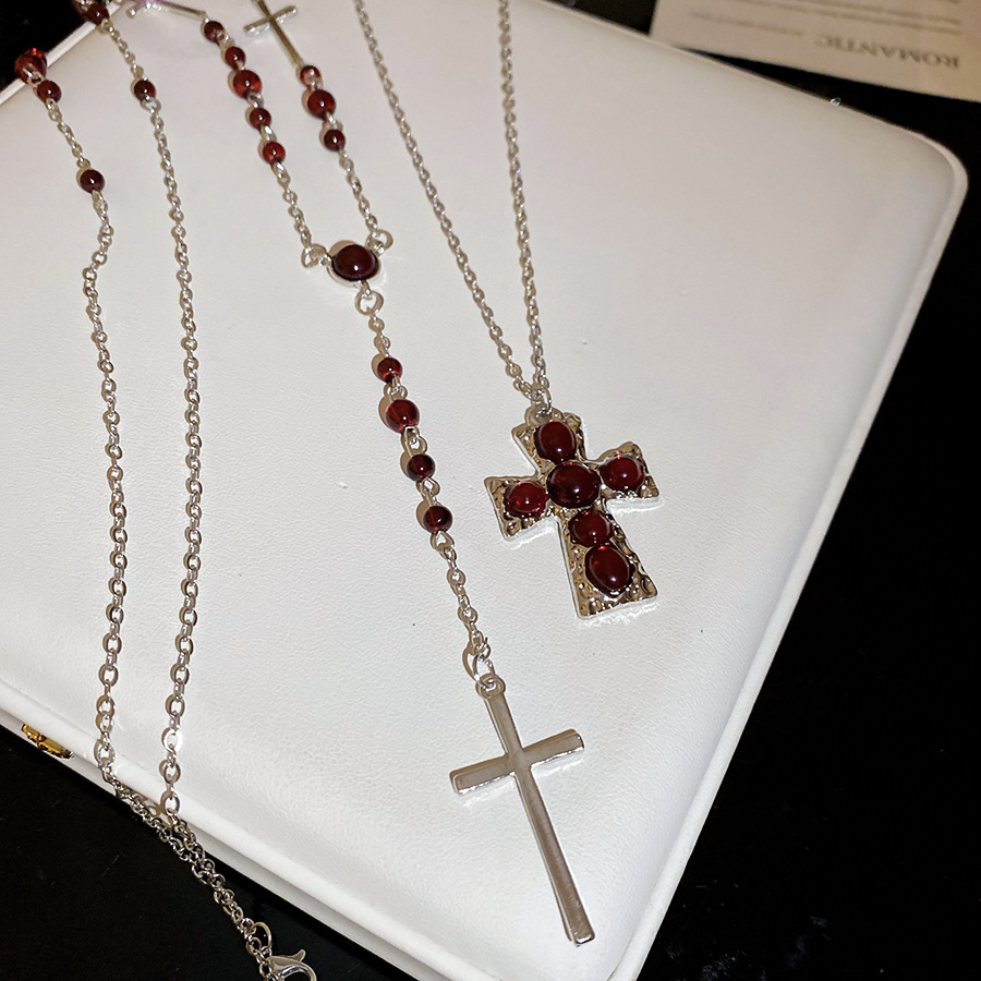 Vintage Crystal Beaded Cross Pendant Two-Piece Set Palace Style Necklace Light Luxury High-End Sweater Chain for Women - view 5