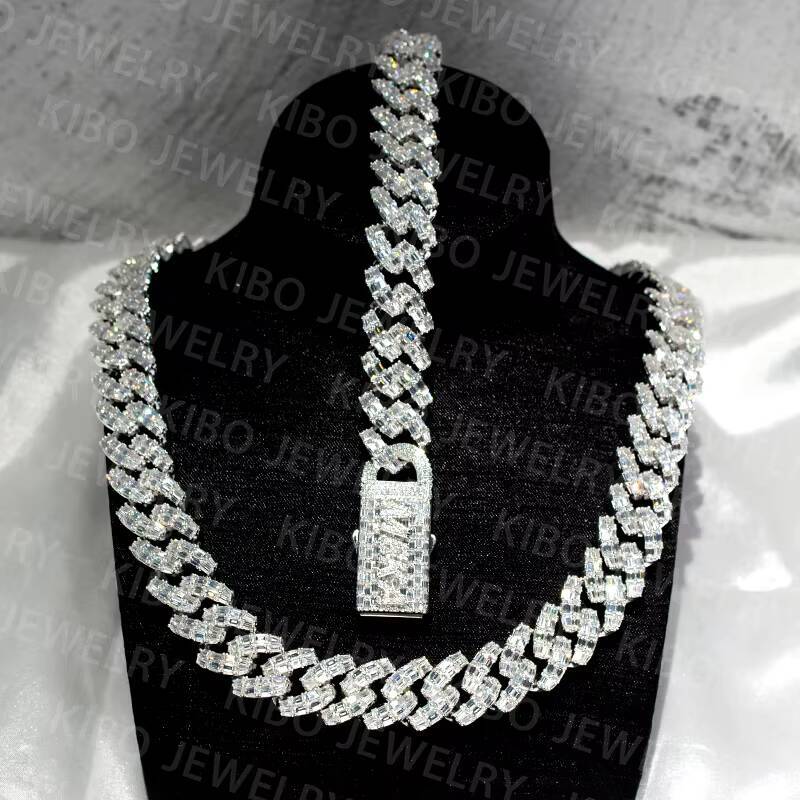 Iced Out Chaine for Mens 925 Sterling Silver 18mm Chains VVS1 D Color Baguette Cut Moissanite Diamond Cuban Link Chain
