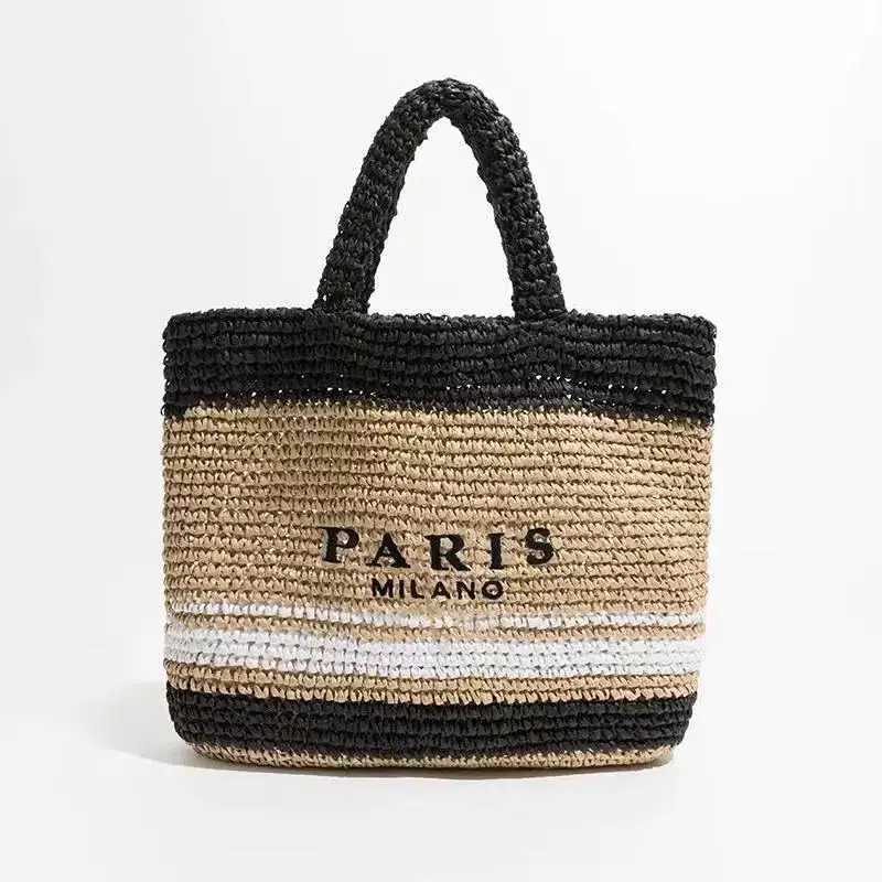 Raffia Crochet straw tote bag women handmade large capacity summer beach woven handbag black natrual paris shopper bag 2023 newC250412