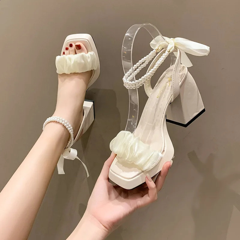 Womens Comfort Shoes Pearl Sandal Set Womens Beige Elevated High Heels Fully Matched Black Bow Fashion Short and Fat Gi 250408
