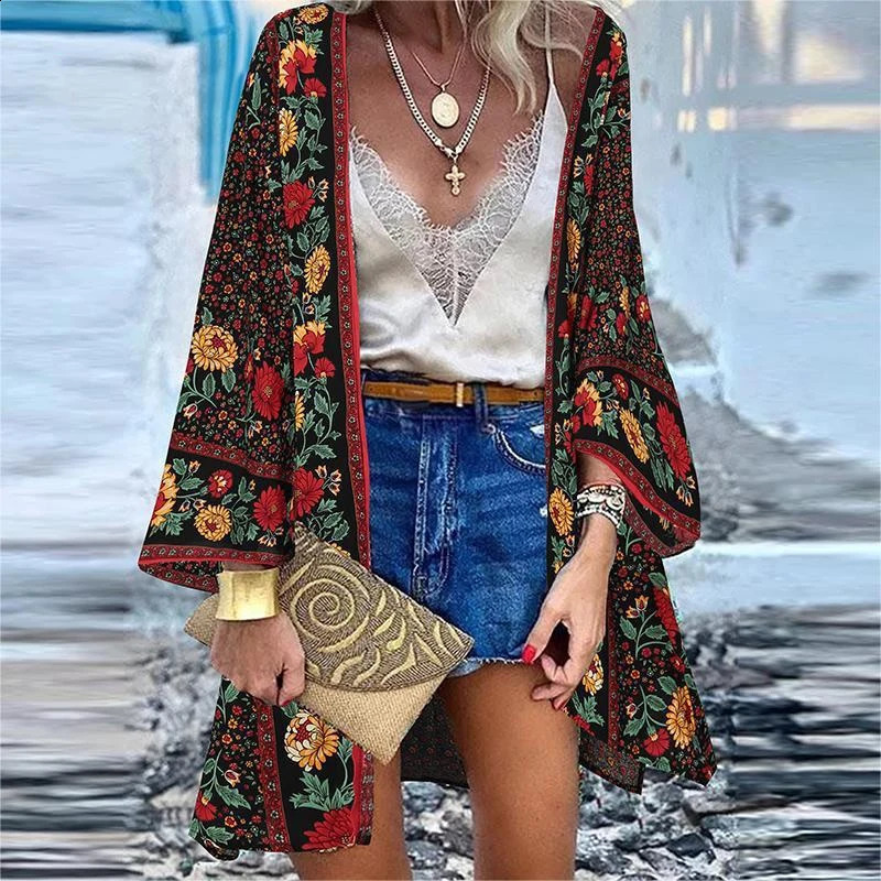 Bohemia Kimono Cardigan Coat for Women Summer Casual Holiday Printed Long-sleeved Loose Jacket Ladies Shawl Bikini Cover Up Top 250409