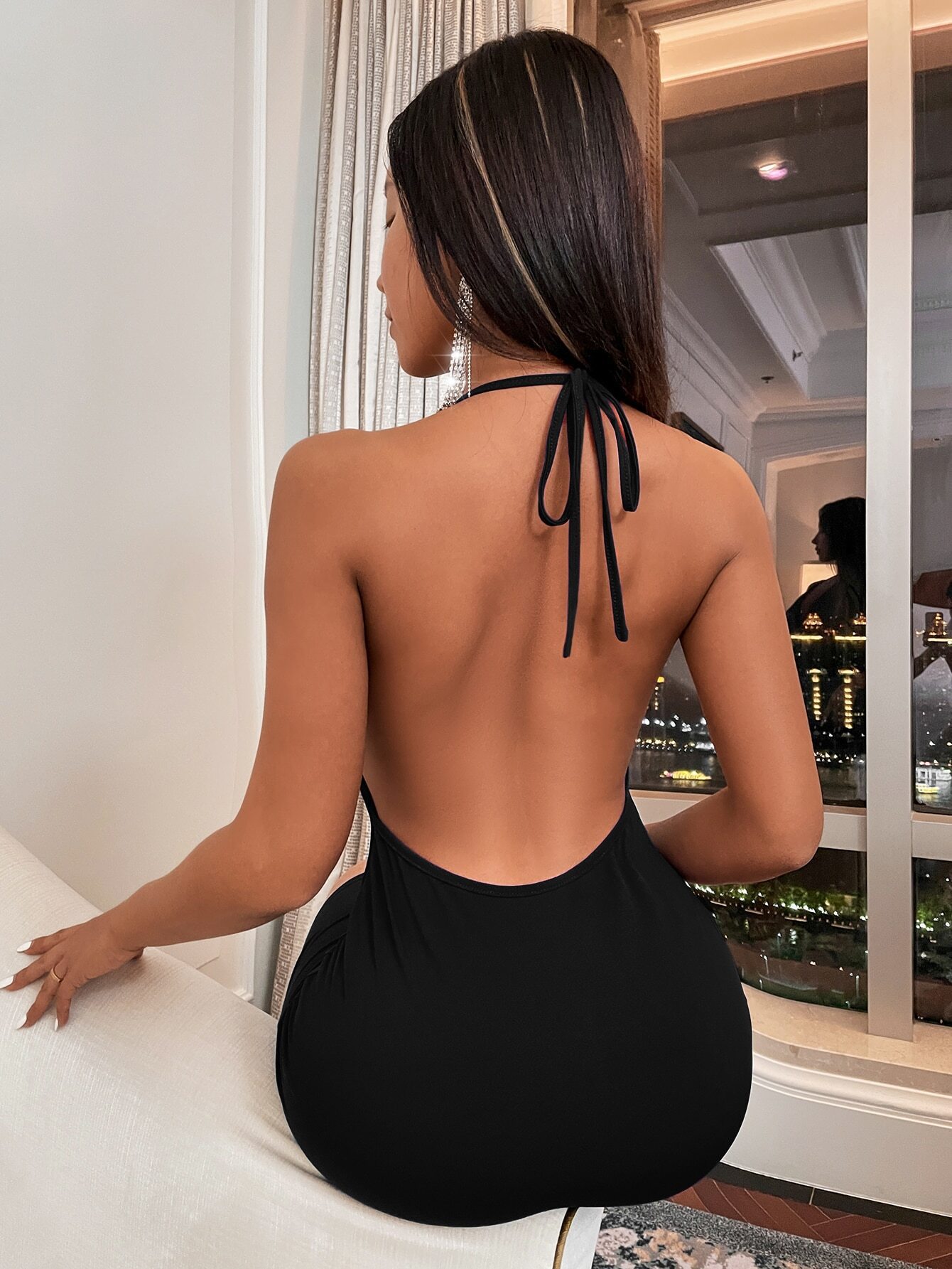 K410Elegant Women's Spring Summer Halter Dress V-Neck Backless Banquet Mini Skirt