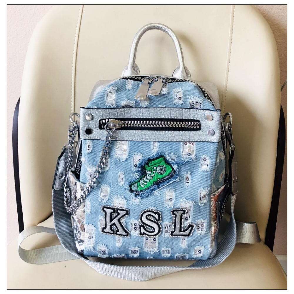 Backpack denim sequin for women new Japanese and Korean trendy letter chain backpack fashion crossbody bag