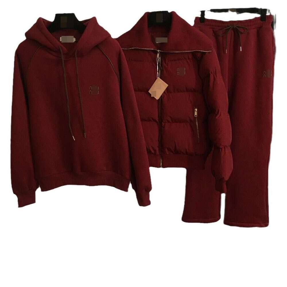 New M Home Warm Three Piece Set Leather Label Collar Coat Long Sleeve Hoodie Wide Leg Pants