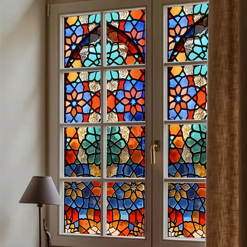 European style retro church stained glass film frosted privacy window film home decoration self-adhesive glass sticker 250411