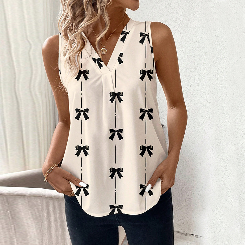 Womens clothing 2025 summer new sleeveless bow shirt V-neck shirt pullover