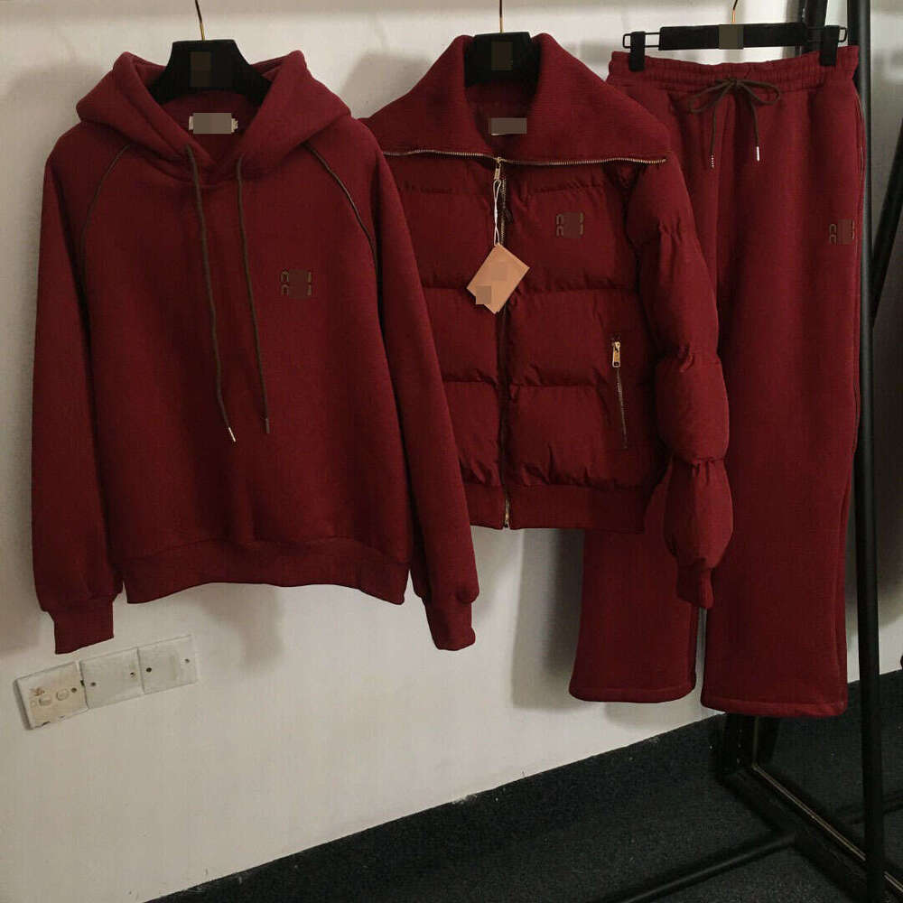 New M Home Warm Three Piece Set Leather Label Collar Coat Long Sleeve Hoodie Wide Leg Pants