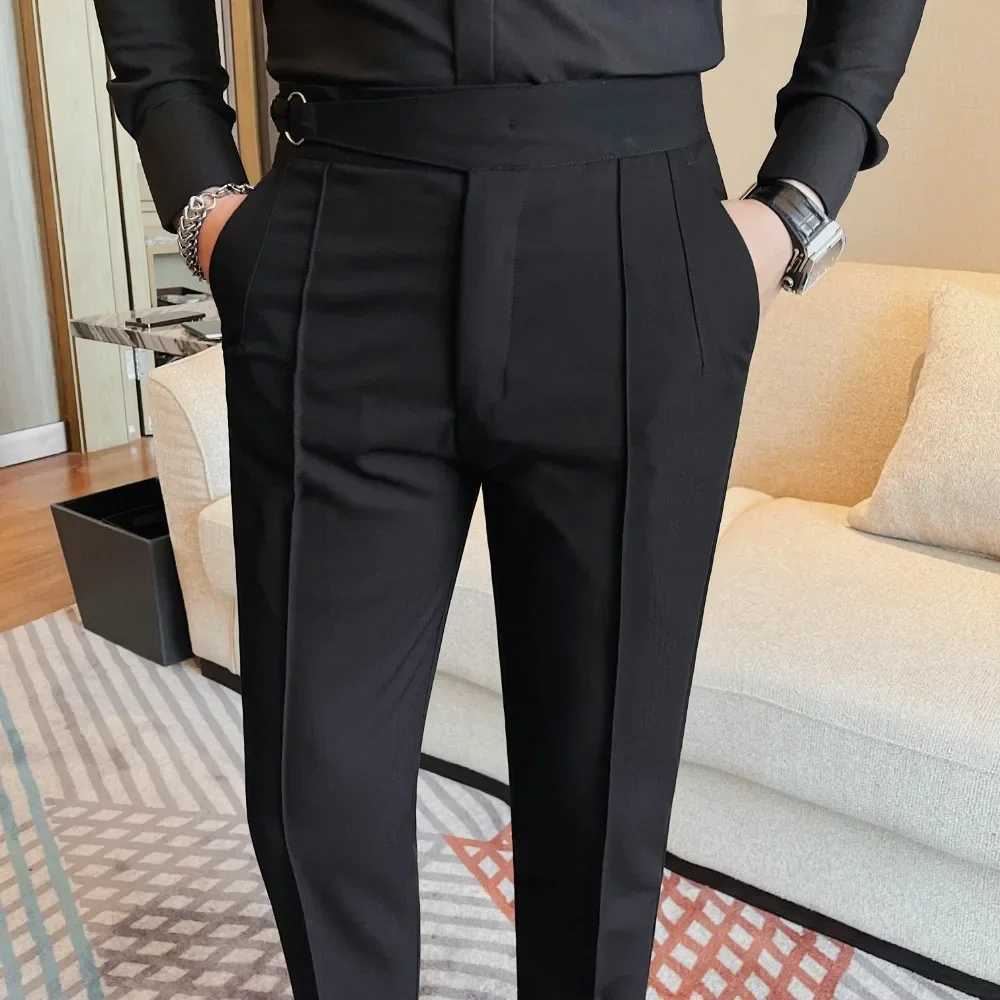 High waisted mens pants 2024 autumn British style ultra-thin fit solid business casual formal dress mens clothingXJ250412