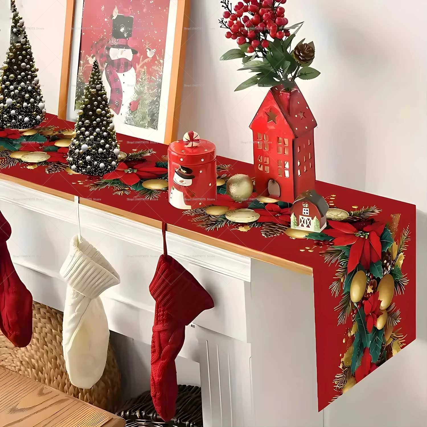 Christmas Christmas Red Leaf Golden Ball Polyester Table Runner Xmas Holiday Poinsettia Gold Ball Table Flag New Year Gift 2026 Y251113
