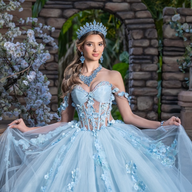 Sky Blue Quinceanera Dresses Off Shoulder Ball Gown Sweet 16 Dress Applique Flower Beads Tull Corset Birthday Party Vestidos 15 De Anos