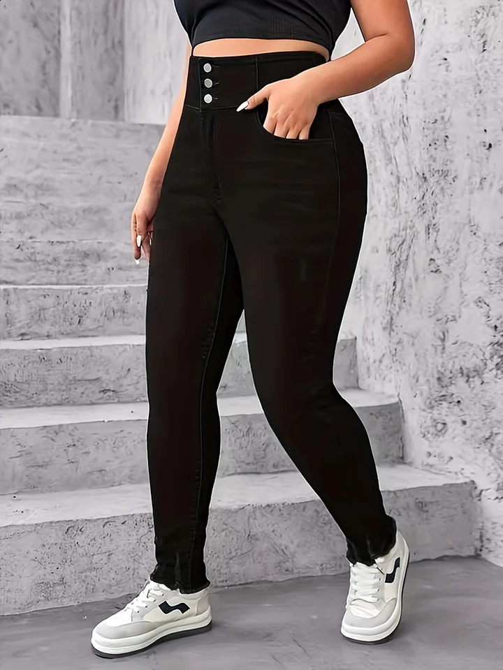 Women Plus Size Black Stretch Jeans Wide Waist Multi Button Fashion Casual Washed Denim Trousers Female Cotton Skinny Pencil Pan 250410