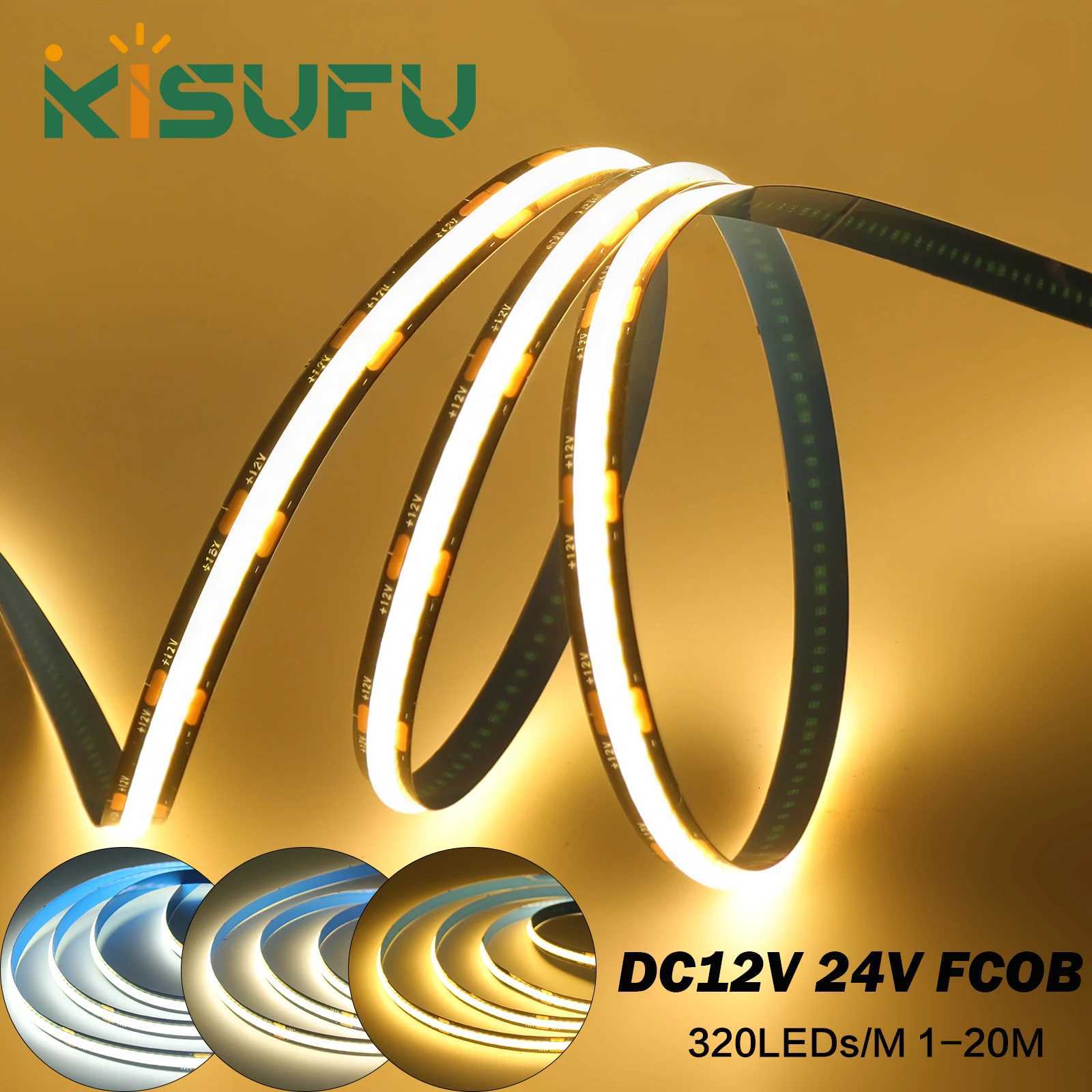 8mm Width COB LED Strip Black PCB DC12V 24V 320LEDs/m 3000K 4500K 6000K High Density Uniform Light CRI 90 Indoor Decor 1M-20M W251112