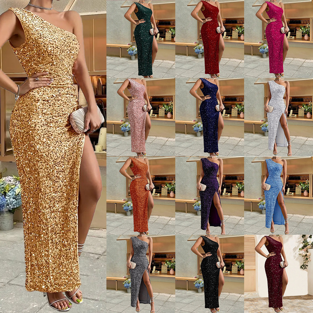 Wind New Womens Clothing 2025 Spring Fashion Sexy Sequin Single Shoulder Sleeveless Slit Solid Color Dress