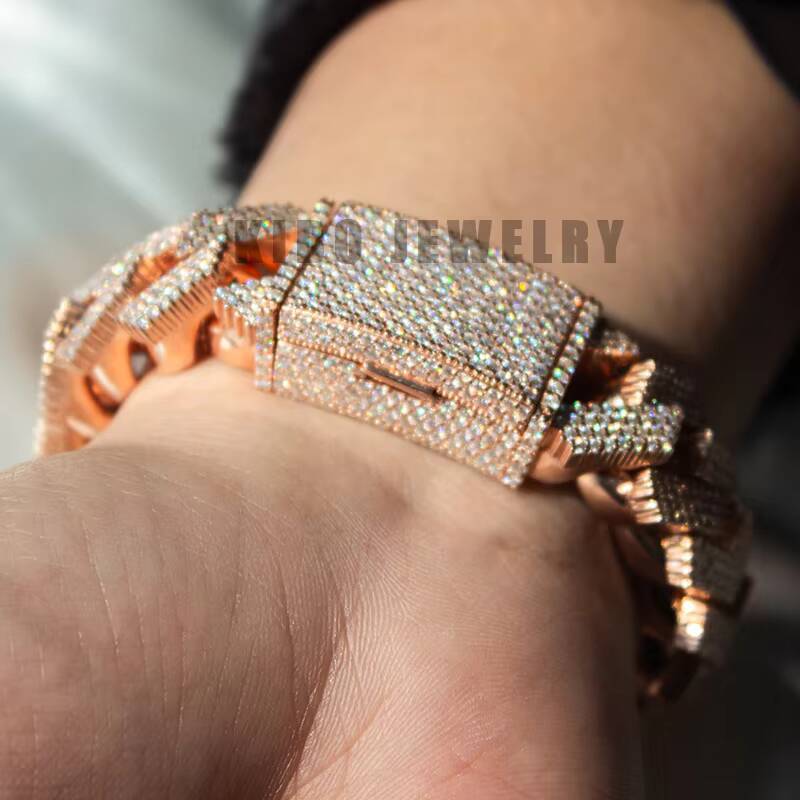 Custom Heavy Hip Hop Big Size Rapper 925 Silver With Rose Gold Mossanite 18MM VVS1 Moissanite Iced Out Cuban Link Bracelet