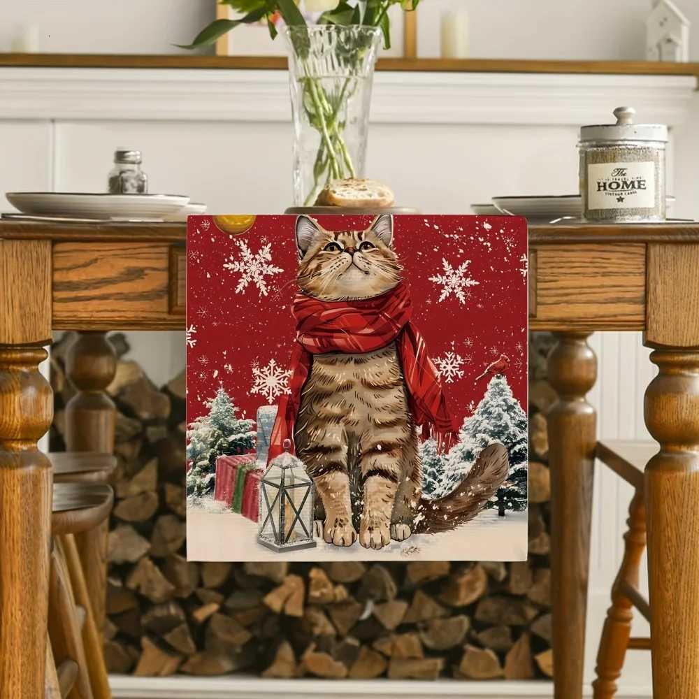 Christmas Christmas Cat Table Runner - 1pc Rectangle Table Flag with Snowflake Holly and Xmas Balls Pattern for Kitchen Dining Decor Y251113