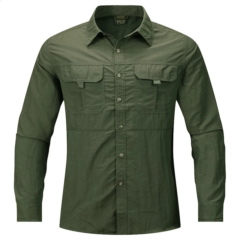 2024 Summer Mens Long Sleeve 2Pocket Shirt Outdoor Casual Coat Solid Color Quick Drying Top 250411