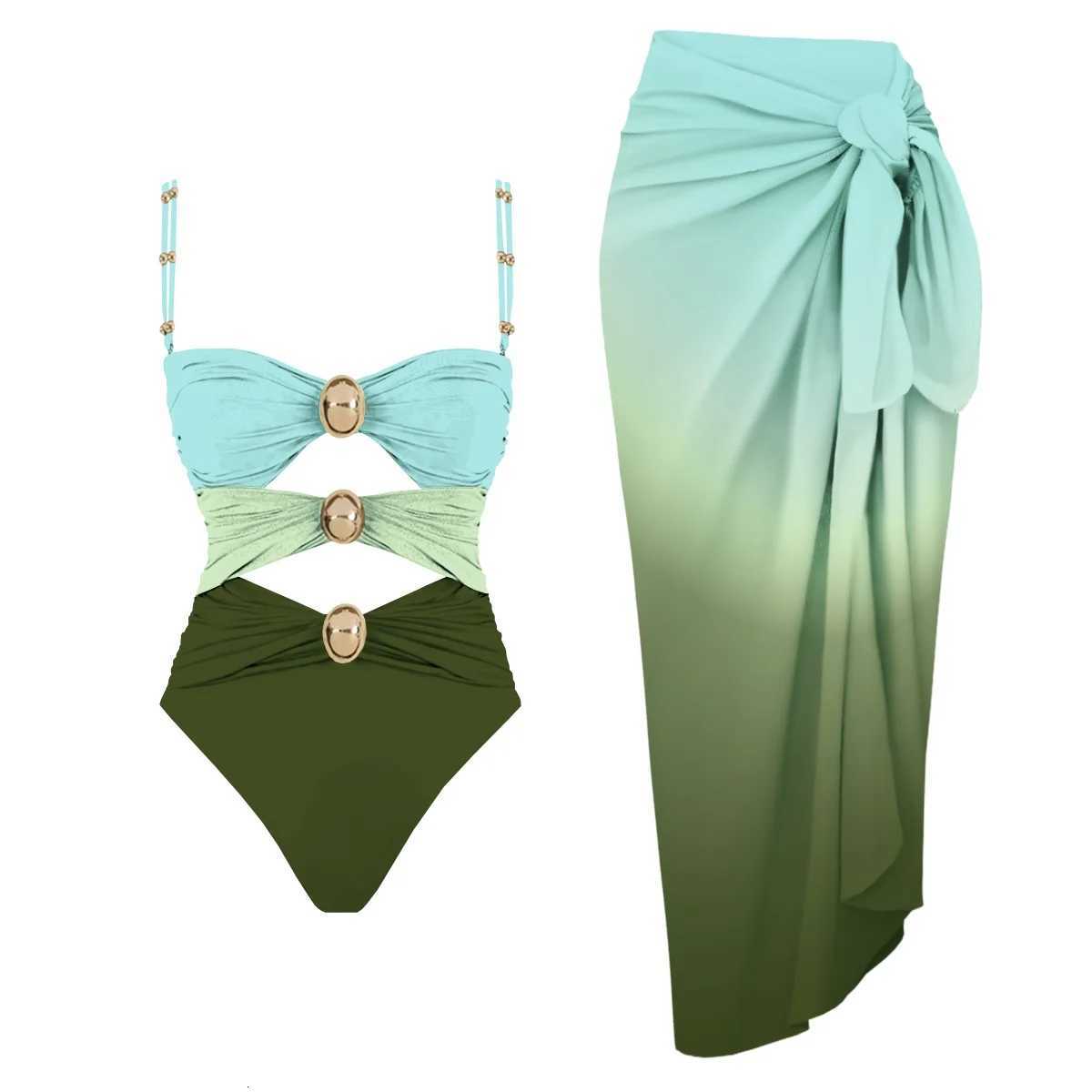 Hollowen One Piece Swimsuit With Cover Up Sexy Swimwear Women Off Shoulder Swim Suits Patchwork Bathsuit Belt Bodysuit BeachwearW251113