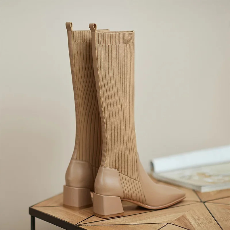 Long Boots for Women Fashion Square Toe Knitted Patchwork Chunky Heels Thigh High Boots Woman Party Office Shoes Botas De Mujer 250411