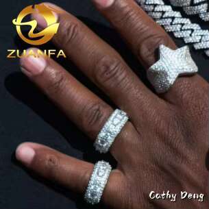 Fashion Rapper Jewelry Iced Out Hip Hop Ring Fully Moissanite 925 Silver 3 Row Moissanite Ring for Men Star Cuban Ring