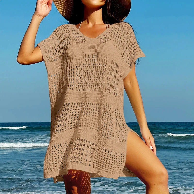 Knitting V-Neck Sexy Hollow Out Beach Bikini Cover-Ups Ladies Summer Vacation Casual Loose Beachwear Sunscreen Smock 250409