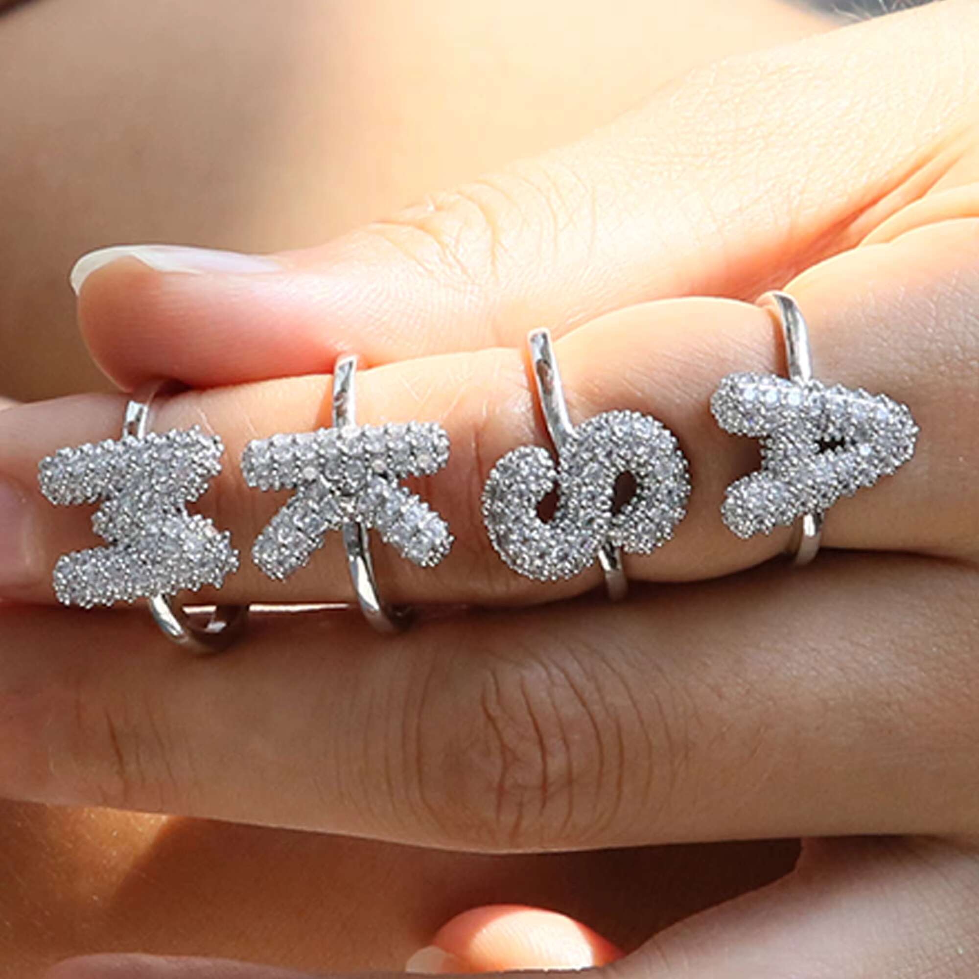 Jewelry Hip Hop Initial Letters Openable Ice Out Cubic Zirconia Letter Ring