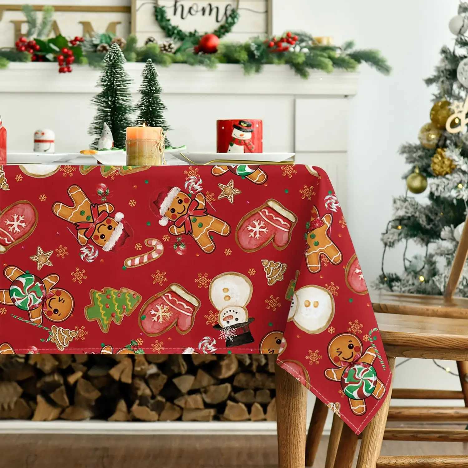 Christmas Merry Christmas Gingerbread Man Polyester Tablecloth for Table Decor Winter Xmas Kitchen Dining Table Cloth Christmas Decoration Y251113