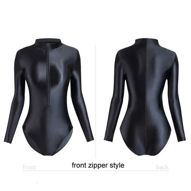 MJINM Women Satin Smooth Yoga Sports Front Zipper Bodysuits High Neck One Piece Swimsuit Oil Long Sleeve Leotards Surfing TightsW251113