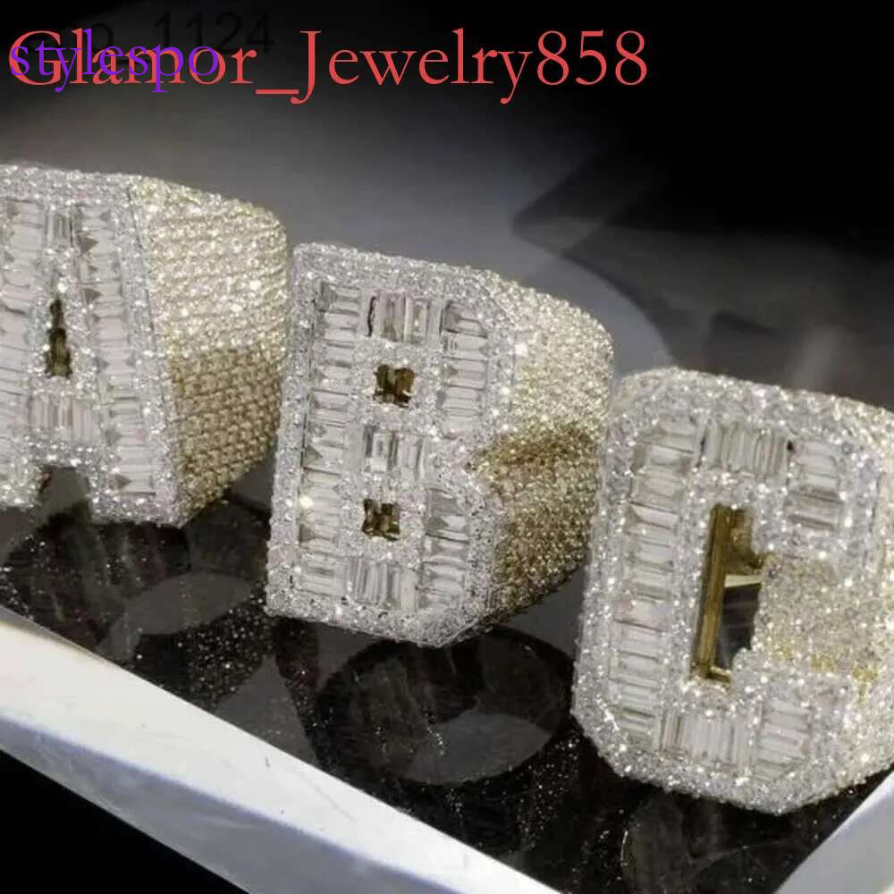 Custom Initial ABC Sier VVS Baguette Moissanite Iced Out Hip-Hop Letter Name Championship Rings Men