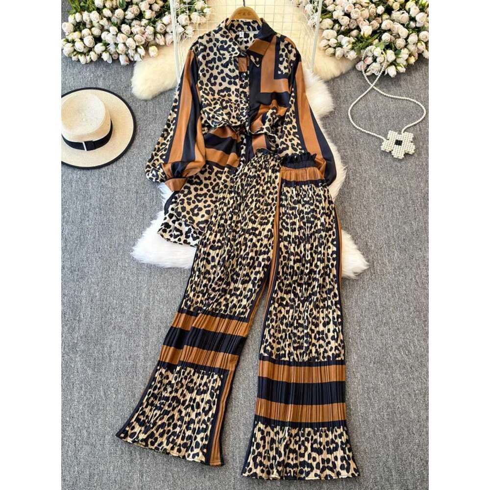 XFPV Women's Loose Lantern Sleeve Print Shirt Casual High Waist Pleated Cropped Pants Two-Piece Set Fashion Autumn 2025 Sm11745