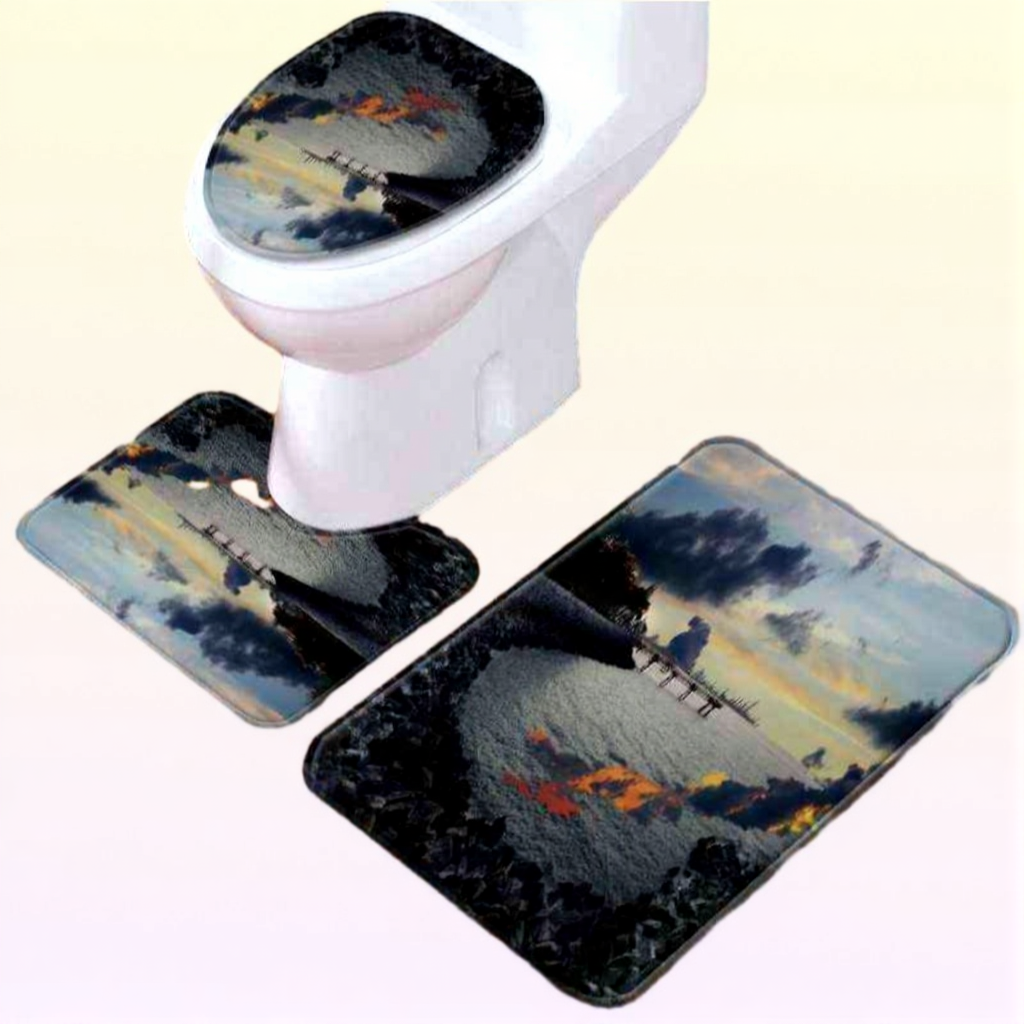Thregost 3Pcsset Scenic Pattern Bath Mat Toilet Rug Bathroom Soft Absorbent Mats Microfiber Shower Tub Rugs Toilet Floor Carpet L