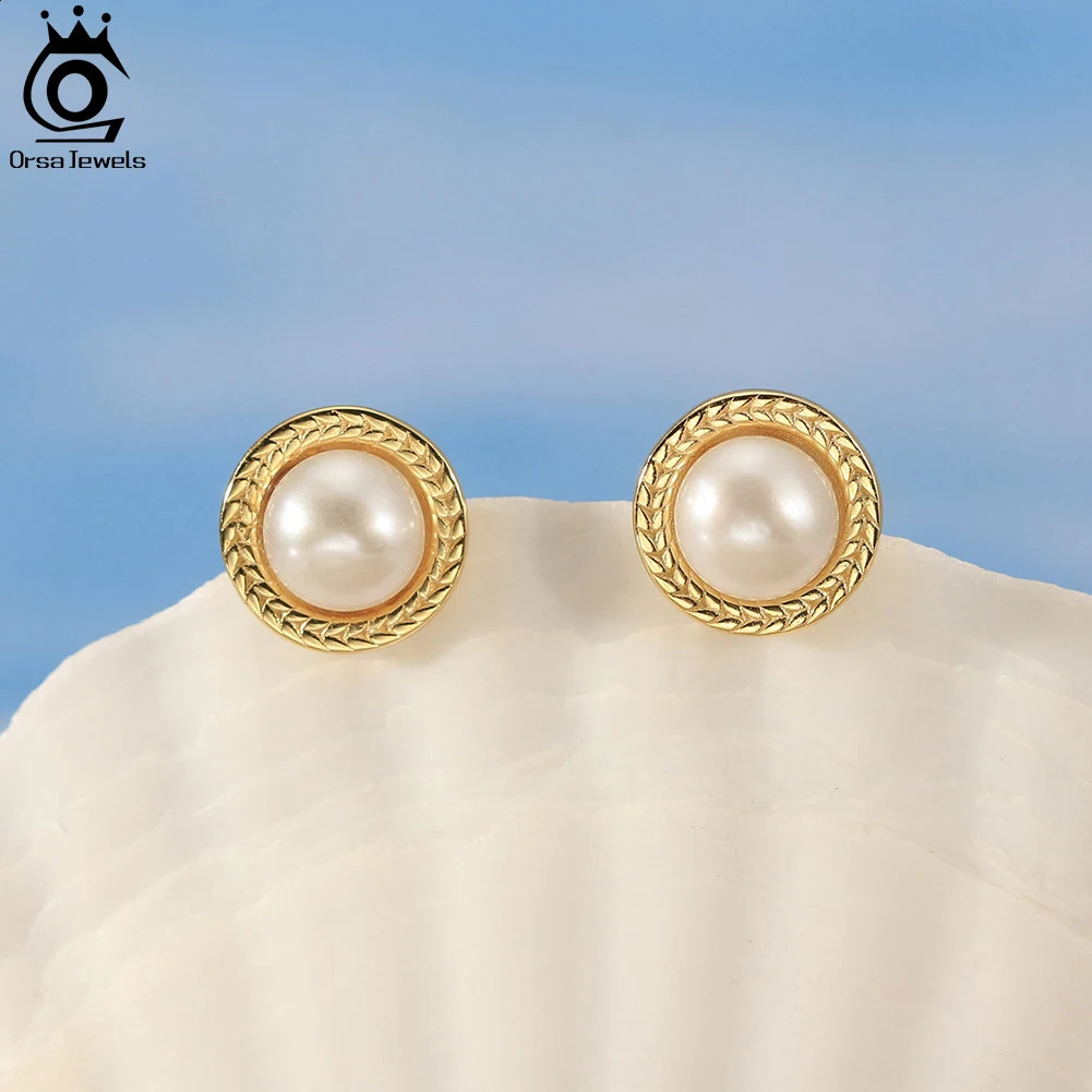 ORSA JEWELS 14K gold-plated pure silver pearl stud earrings natural pearl necklace perforated jewelry with cubic zirconia GPE98 250409