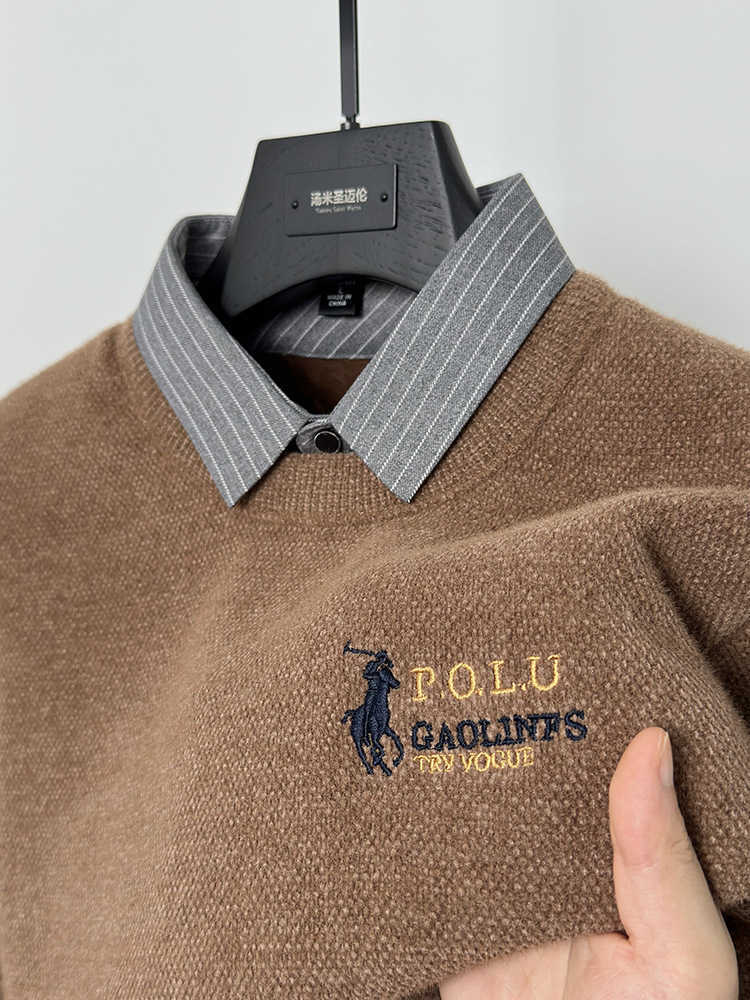 New style men's one-piece fleece-lined thickened sweater with shirt collar, false two-piece, winter warm knitted base layer. X251010