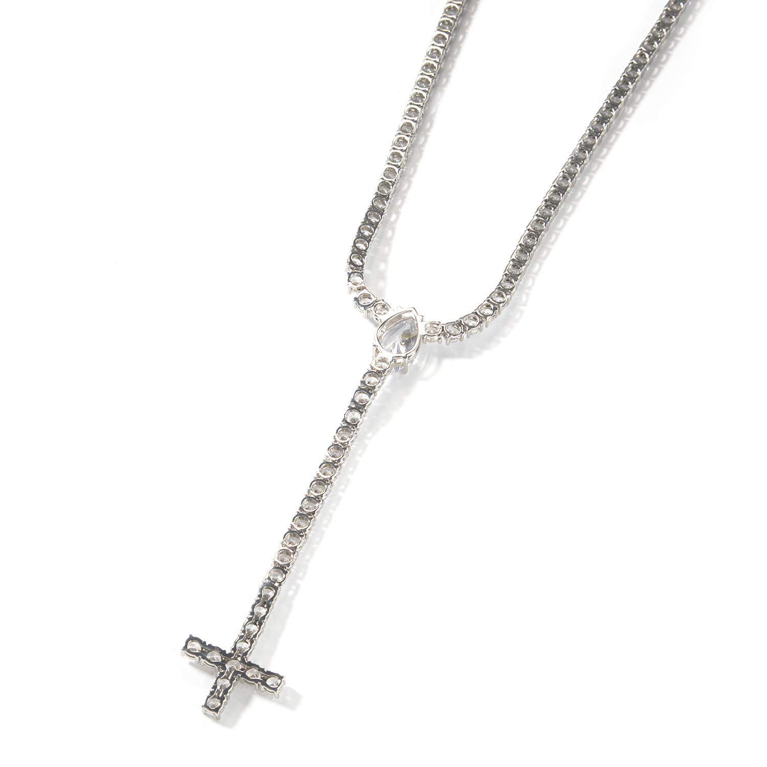 Hip Hop Long Cross Pendant Necklace 5mm Tennis Chain 5A Zircons Choke Chain Religious Jewelry
