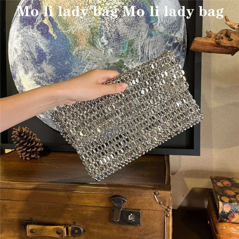 New Retro Metal Shiny silver Handwoven Beaded Pearl Sequin Underarm Bag Handbag