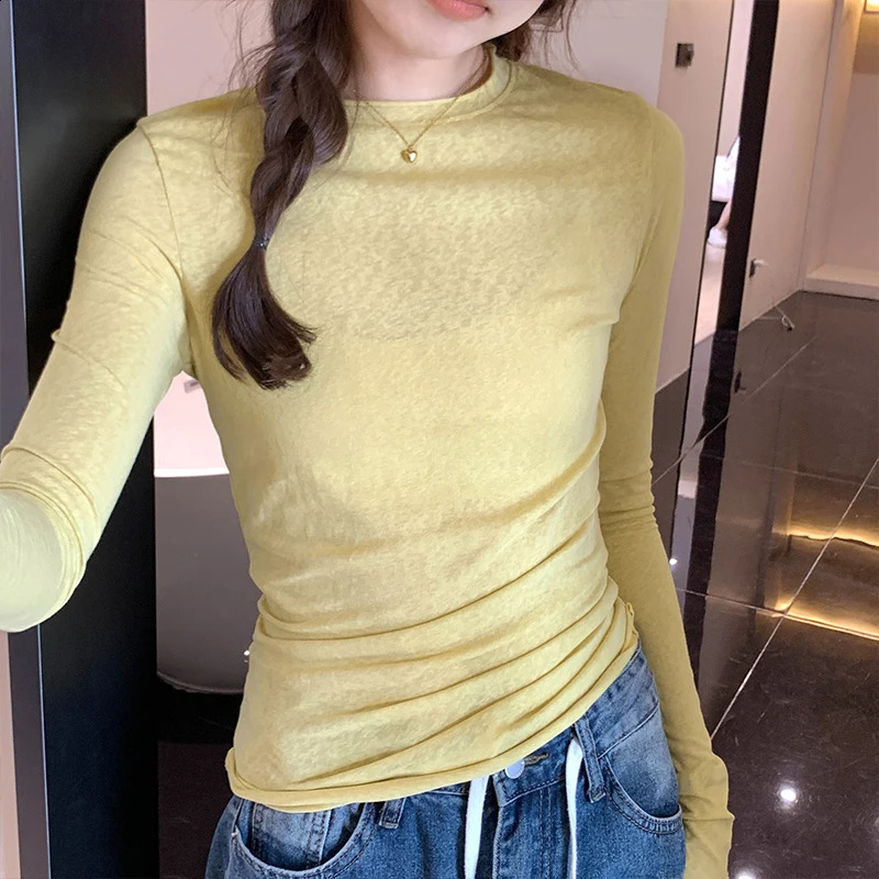 Spring/Autumn Womens T-shirt solid ultra-thin suitable for long sleeved O-neck T-shirt womens casual streetwear high-quality underwear 250410