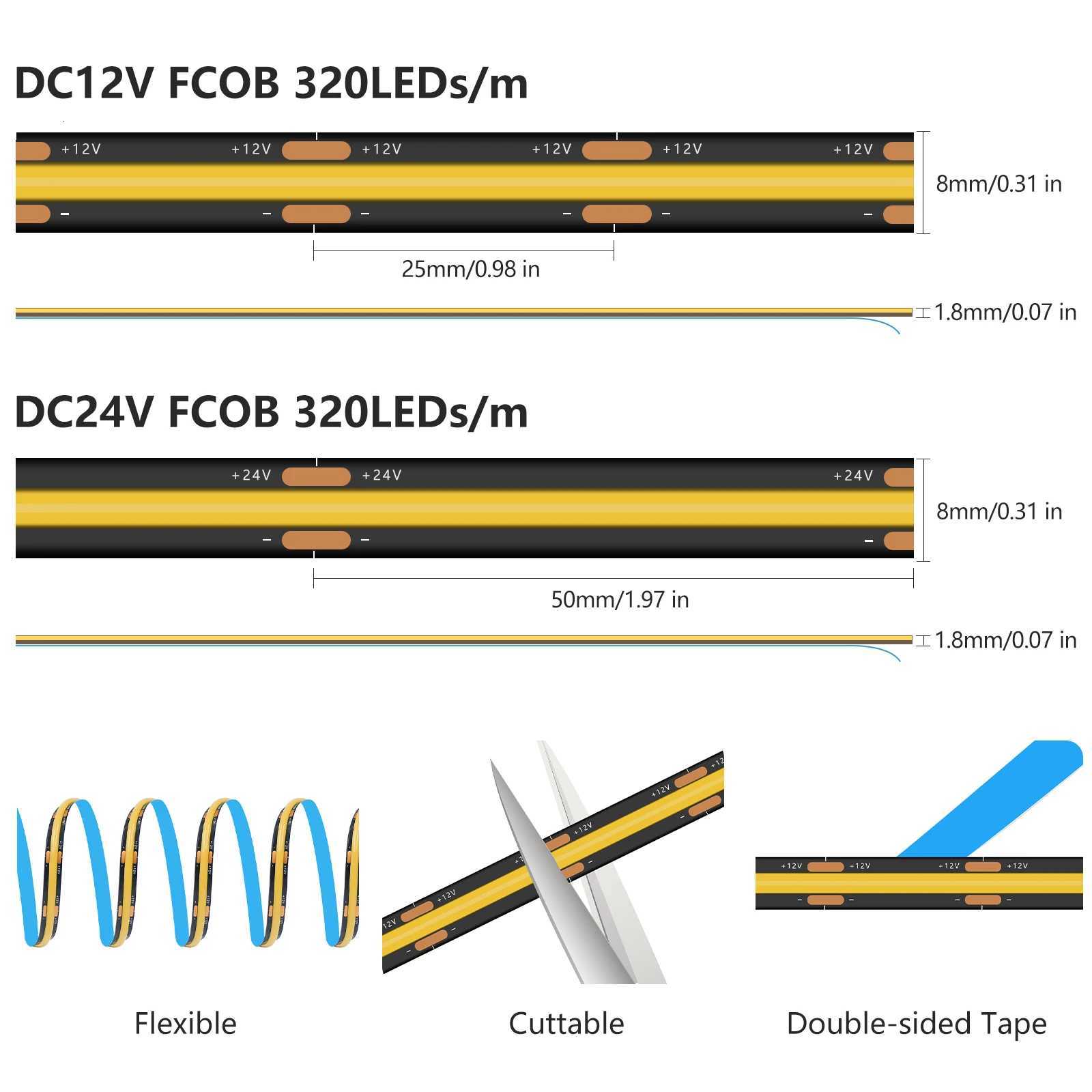 8mm Width COB LED Strip Black PCB DC12V 24V 320LEDs/m 3000K 4500K 6000K High Density Uniform Light CRI 90 Indoor Decor 1M-20M W251112
