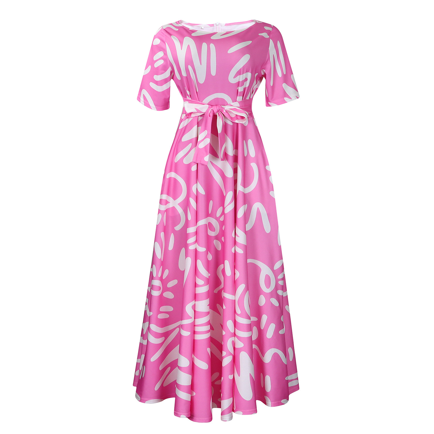 D410Chic Women's African Print Dress with Lace-Up Detail - Fashionable Short Sleeve Swing Outfit for Export