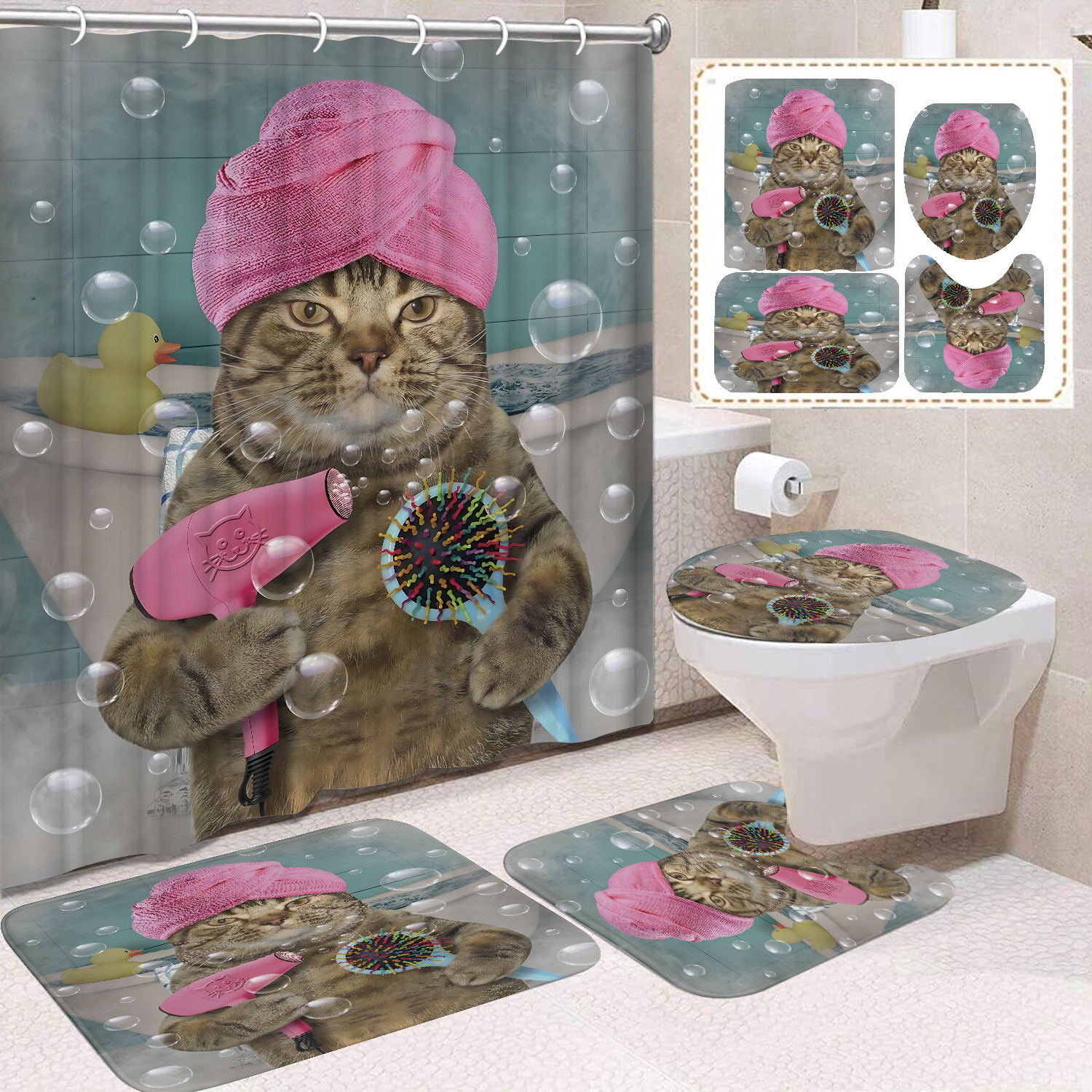 YL-37699 Black and White Cat Shower Curtain Waterproof and Mildew-proof Digital Print Shower Curtain Four-Piece Set