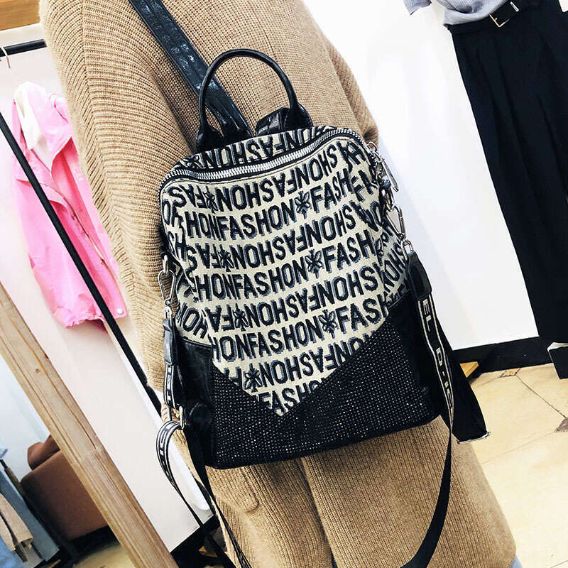 Backpack 17-43 Kuerduo Canvas Backpack for Women Alphabet Embroidered Hot Diamond Commuter Backpack, Niche Travel Bag