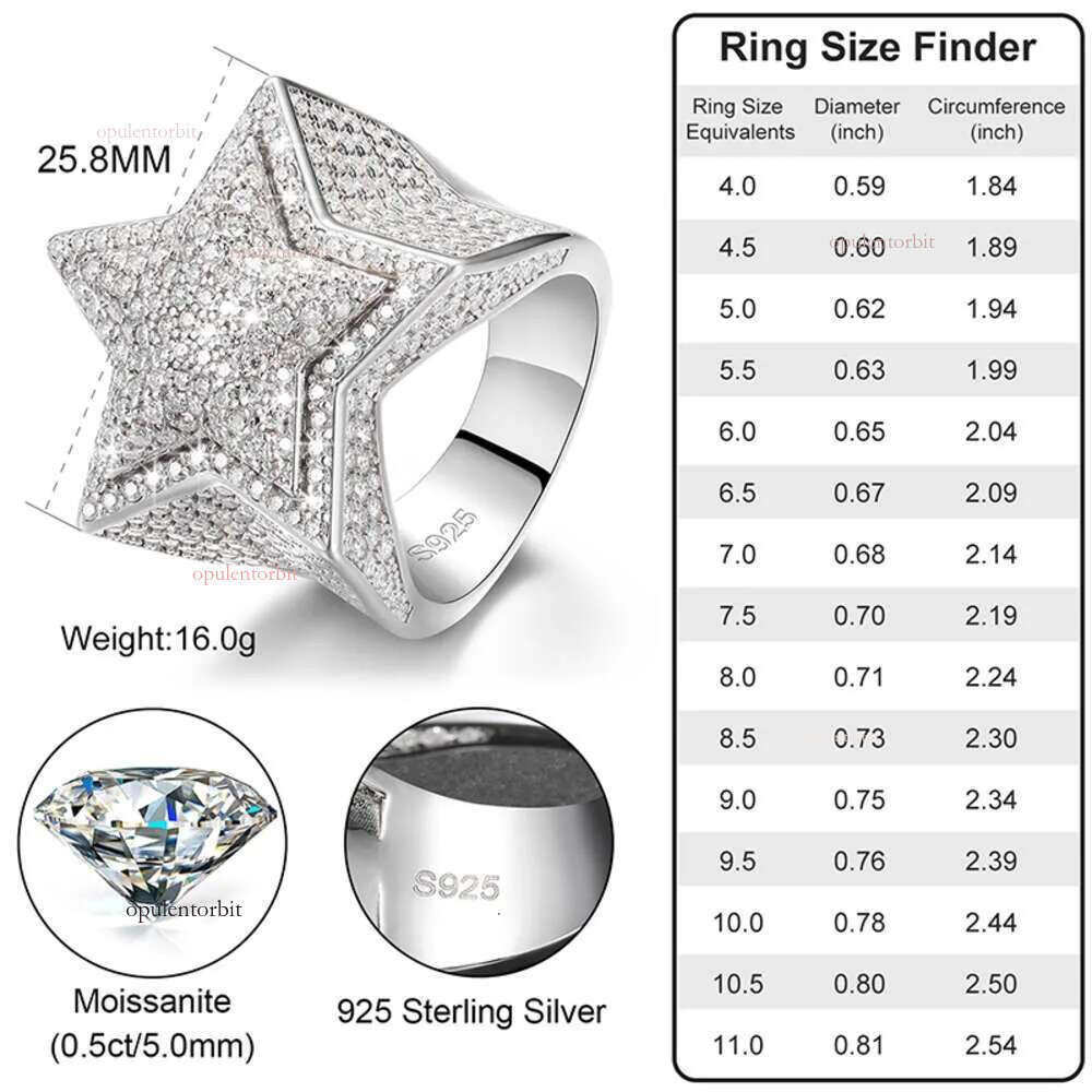 VVS Moissanite Dia Star Ring With GRA CertificateHiphop Men Women Fine Jewelry Iced Out Gold Plated Sterg Sier AA
