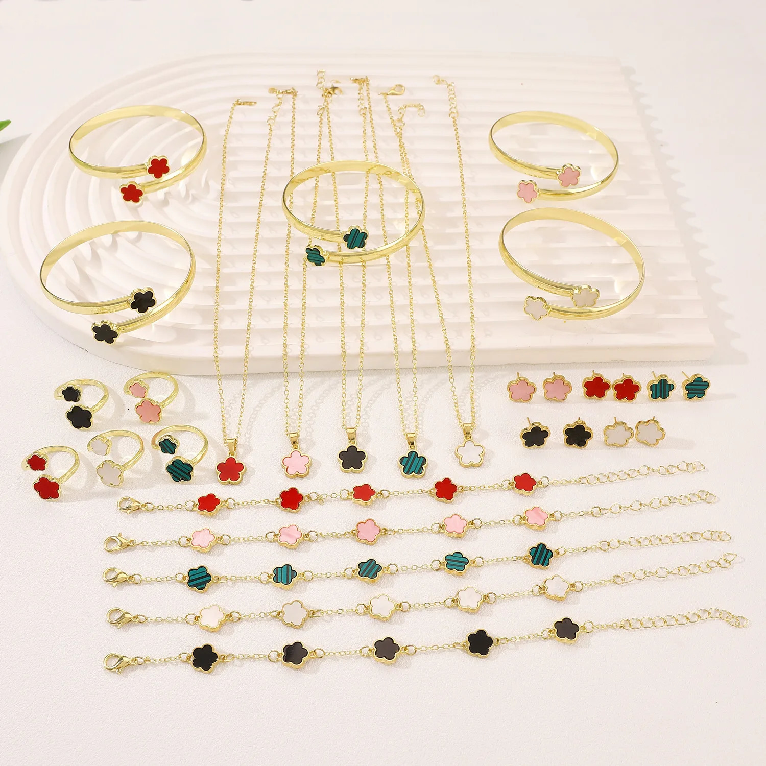 5pcs/set Fashion Flower Necklace Earrings Set Jewelry Women Stainless Steel White Shell Clover Bracelet Jewelry Accessories251112