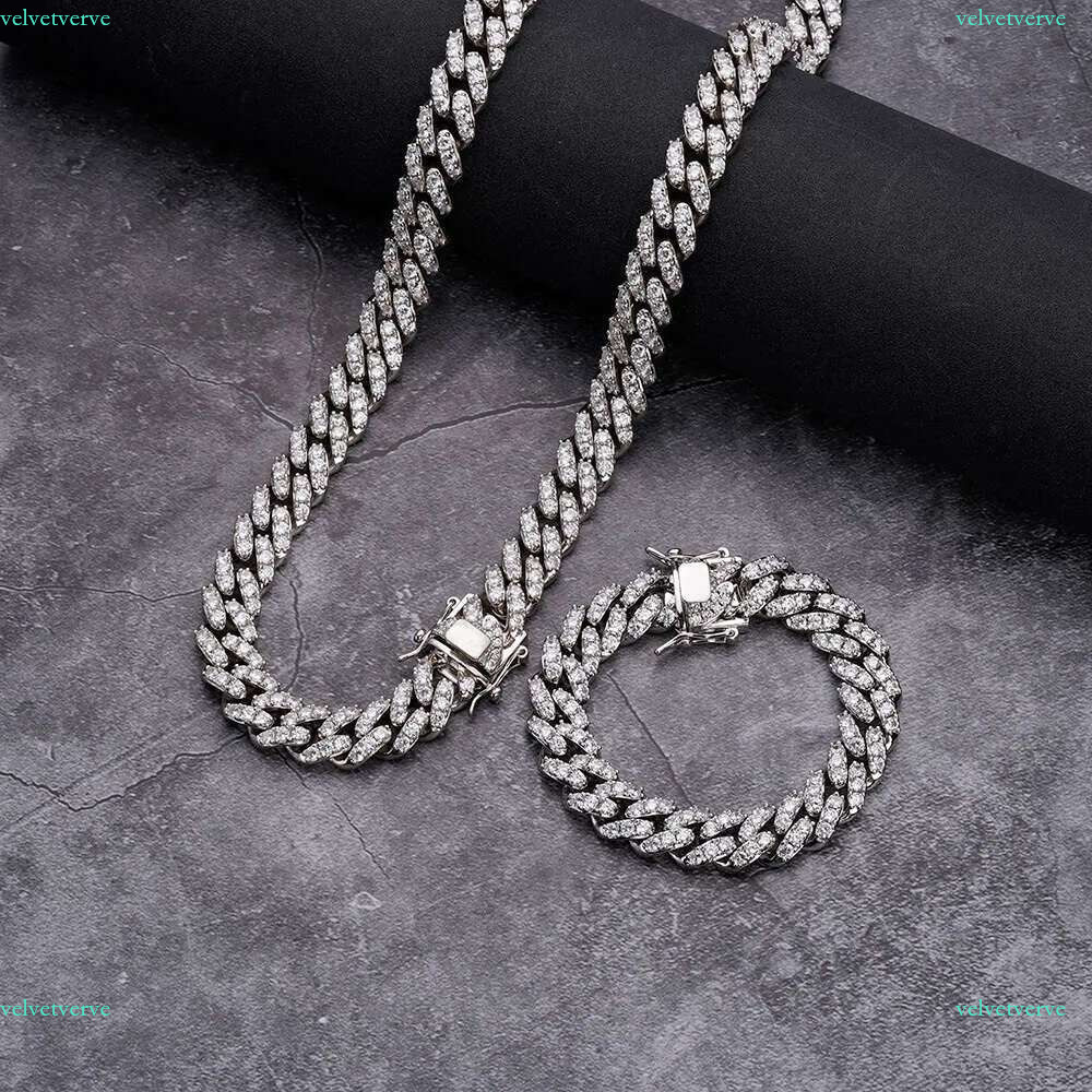 bracelet necklace mossanite Hip Hop Jewelry Ladies 12mm Gold Dia Necklace Bracelet Sier Iced Out vvs moissanite Cuban k Chains for Men