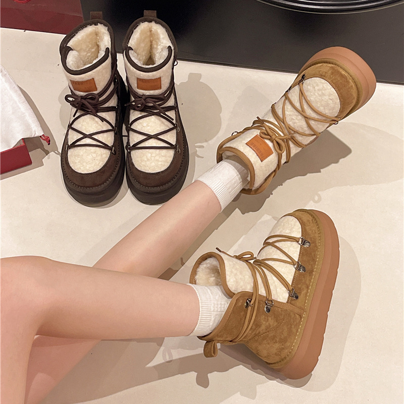 Designer Genuine Leather Thick-Soled Snow Winter Fleece-Lined Thickened Warm Cotton Shoes Non-Slip MOON Moon Boots for Women