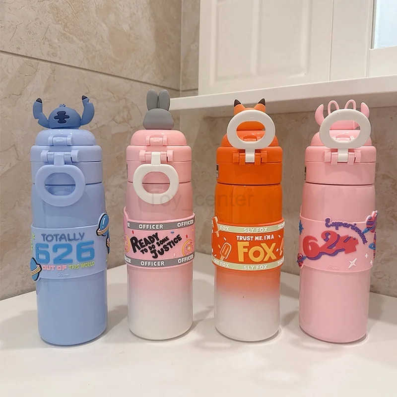 Disney 500ml Zootopia Nick Judy Hopps Thermos Multi Functional Dual-Drinking Straw Cup Stitch Lotso Anime Peripherals Fun Gifts H251203