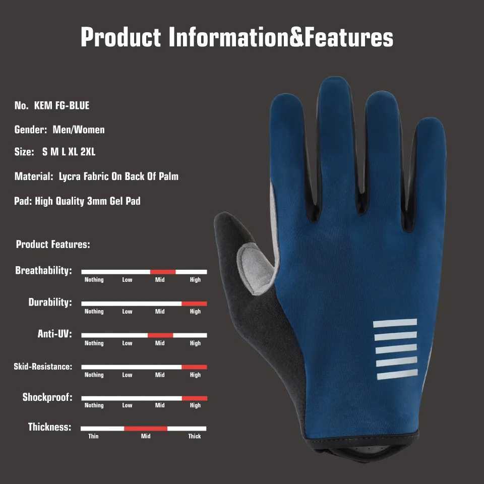 KEMALOCE Cycling Gloves Full Finger Men Woman Road Bike Gel Summer Bicycle Mittens Non-Slip Black Blue Pink S-2XL MTB Bike GloveC250412