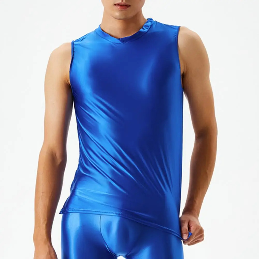 Mens Oil Shiny Glossy Tank Tops Sleeveless Slim Fit Vest Tshirts Fitness Gym Sport Satin Shirts Rave Party Clubwear Swimwear 250407