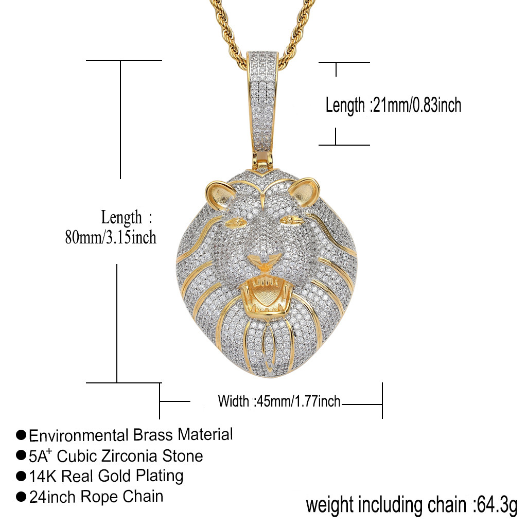 Hip Hop Large Lion Head Pendant Necklace TopBling 5A Zircon 18k Real Gold Plated Mens Jewelry