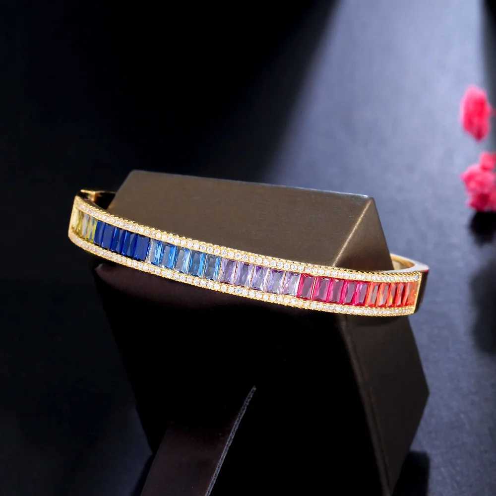 CWWZircons Unique Baguette Rainbow Cubic Zirconia Round Open Cuff Bangle for Women Trendy Brazilian Gold Plated Jewelry BG048T251113