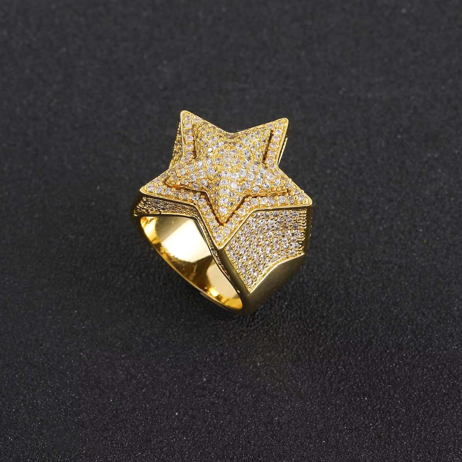 Hip Hop Fashion Luxury Jewelry High Quality Full Pave AAAAA CZ Stone Five Pointed 3D Star Punky Rappers Rings for Men